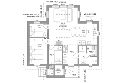 Planritning entreplan fjällstuga med loft 79 kvm Abisko 101 loft