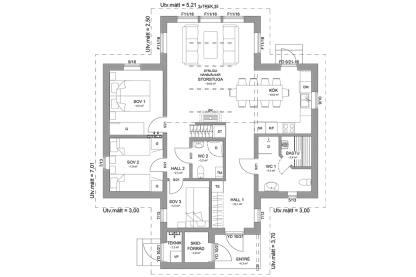 Planritning entreplan fjällstuga med loft 88 kvm Abisko 111 loft