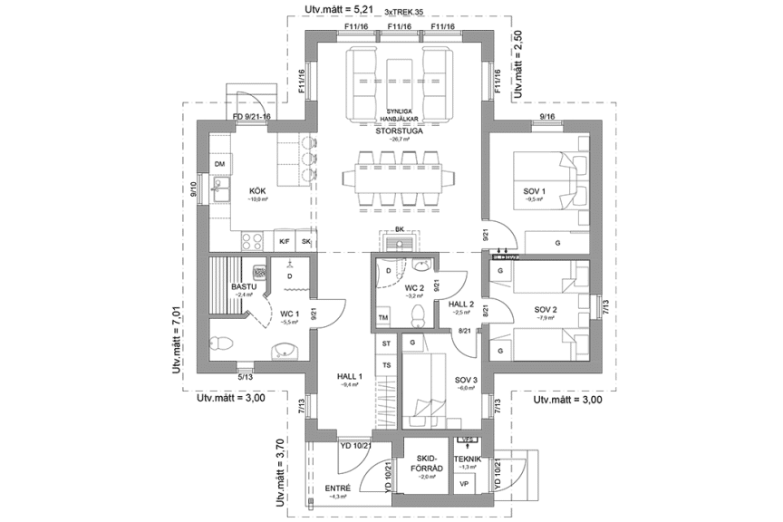 Planritning fjällstuga enplanshus 88 kvm Abisko 111 spegelvänd