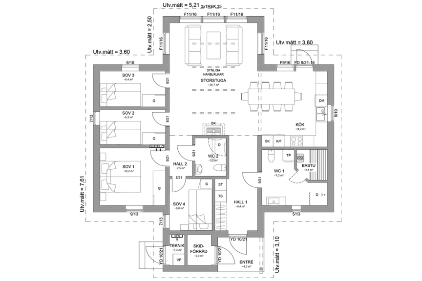Planritning fjällstuga enplanshus 99 kvm Abisko 124 spegelvänd