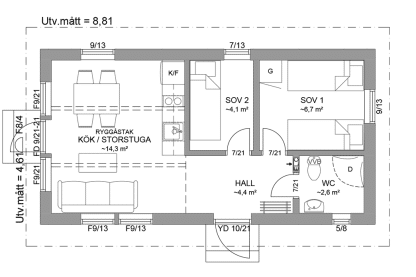 Planritning fritidshus enplanshus 34 kvm Agö 23-41