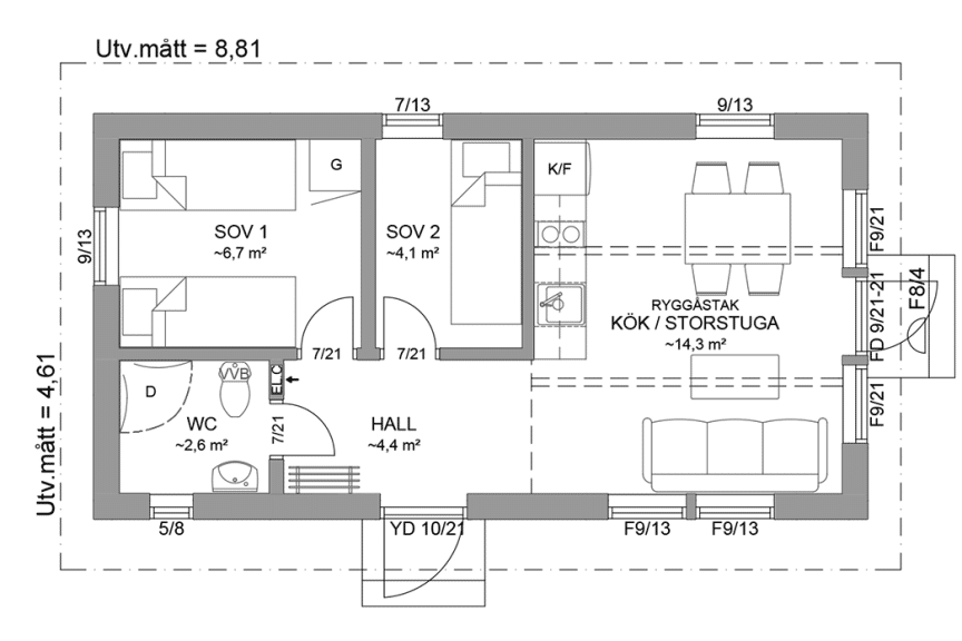 Planritning fritidshus enplanshus 34 kvm Agö 23-41 spegelvänd