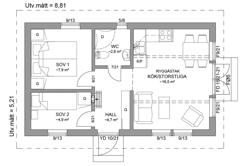 Planritning fritidshus enplanshus 39 kvm Agö 23-46 spegelvänd