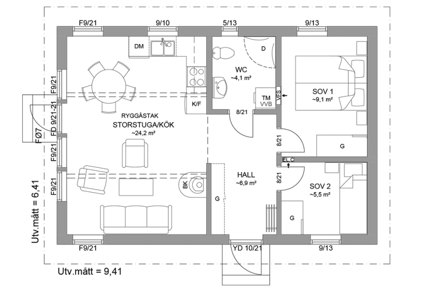 Planritning fritidshus enplanshus 52 kvm Agö 23-60