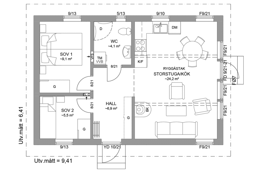 Planritning fritidshus enplanshus 52 kvm Agö 23-60 spegelvänd