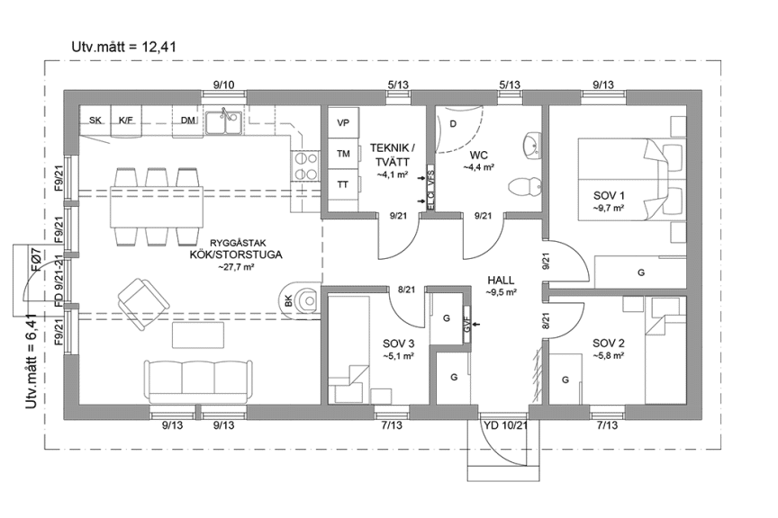 Planritning fritidshus enplanshus 68 kvm Agö 23-80