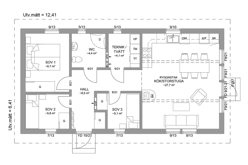 Planritning fritidshus enplanshus 68 kvm Agö 23-80 spegelvänd