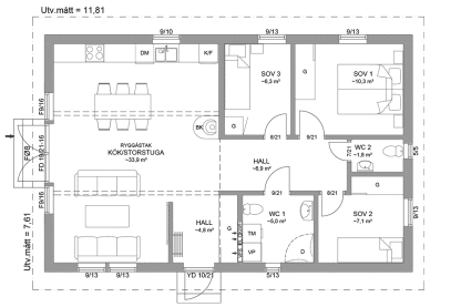 Planritning fritidshus enplanshus 80 kvm Agö 23-90