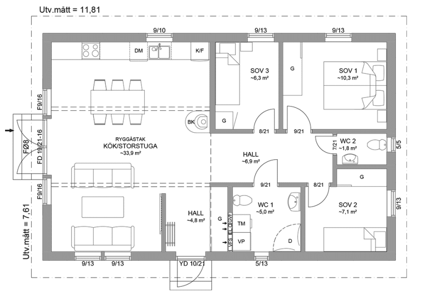 Planritning fritidshus enplanshus 80 kvm Agö 23-90
