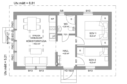 Planritning fritidshus enplanshus 39 kvm Agö 27-46
