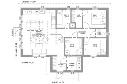 Planritning fritidshus enplanshus med vinkel 88 kvm Agö 27-97