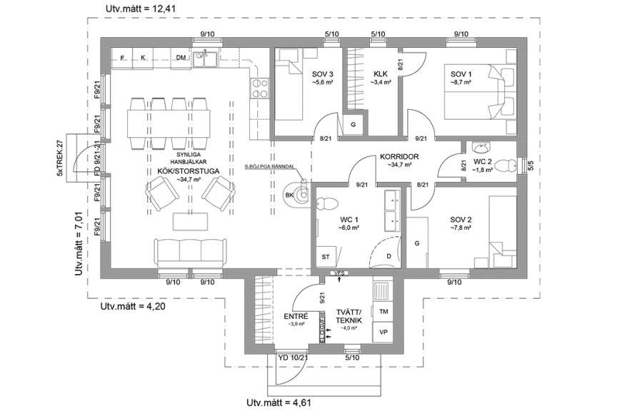 Planritning fritidshus enplanshus med vinkel 88 kvm Agö 27-97