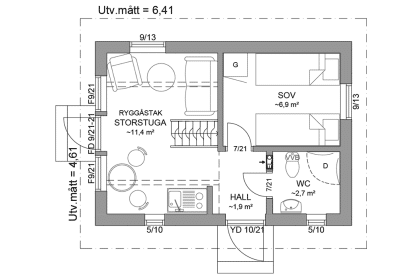 Planritning entreplan fritidshus med loft 24 kvm Agö 35-30