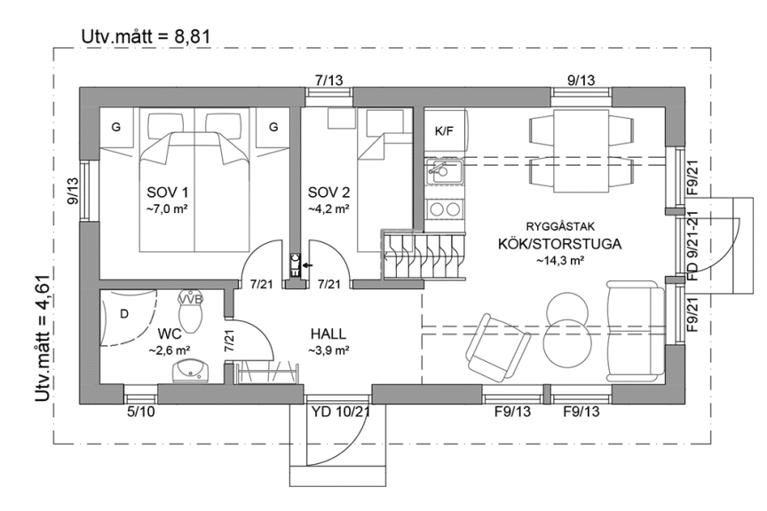 Planritning entreplan fritidshus med loft 34 kvm Agö 35-41 spegelvänd