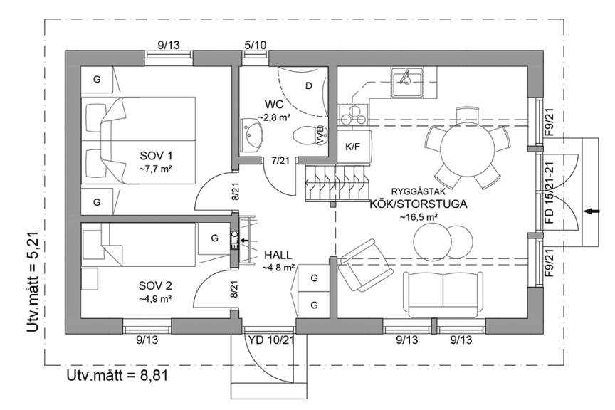 Planritning entreplan fritidshus med loft 39 kvm Agö 35-46 spegelvänd