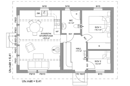 Planritning entreplan fritidshus med loft 50 kvm Agö 35-60