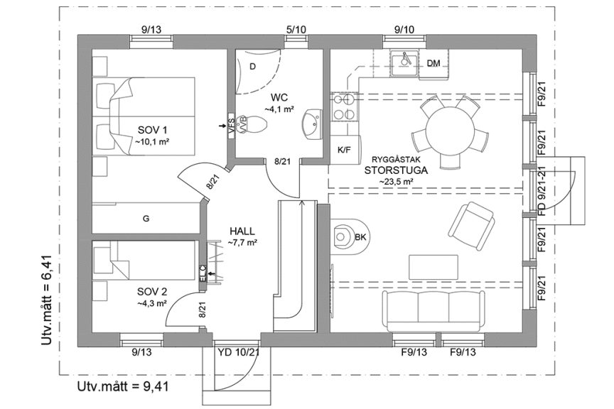 Planritning entreplan fritidshus med loft 50 kvm Agö 35-60 spegelvänd
