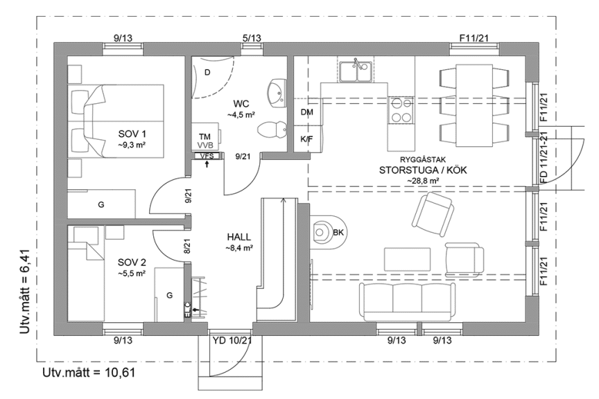 Planritning entreplan fritidshus med loft 70 kvm Agö 35-68 FHV spegelvänd