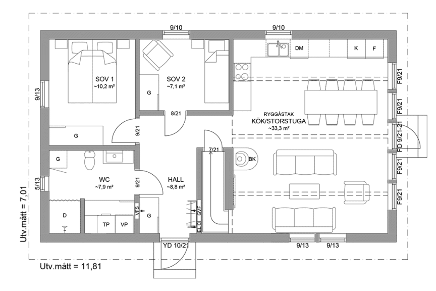 Planritning entreplan fritidshus med loft 80 kvm Agö 35-83 FHV spegelvänd