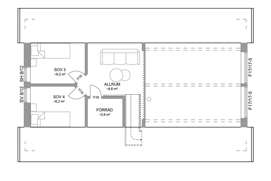 Planritning loftplan fritidshus med loft 80 kvm Agö 35-83 FHV spegelvänd