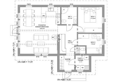 Planritning entreplan fritidshus med loft 90 kvm Agö 35-93 FHV