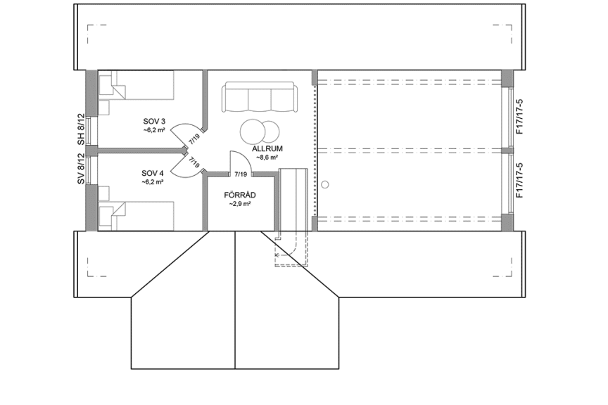 Planritning loftplan fritidshus med loft 90 kvm Agö 35-93 FHV spegelvänd