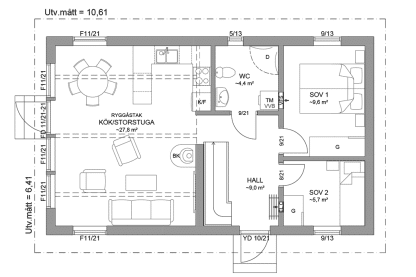 Planritning entreplan fritidshus med loft 70 kvm Agö 40-68