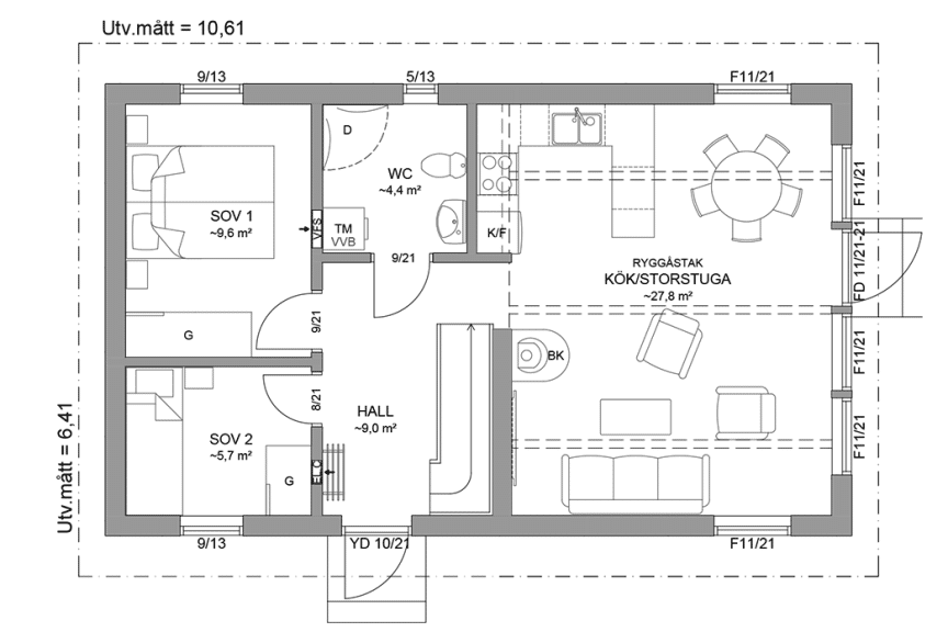 Planritning entreplan fritidshus med loft 70 kvm Agö 40-68 spegelvänd