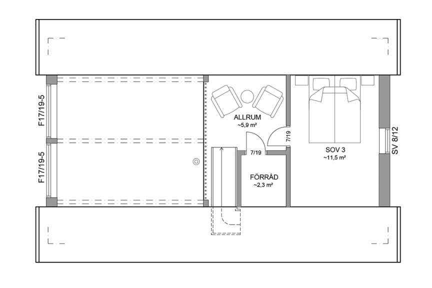 Planritning loftplan fritidshus med loft 70 kvm Agö 40-68