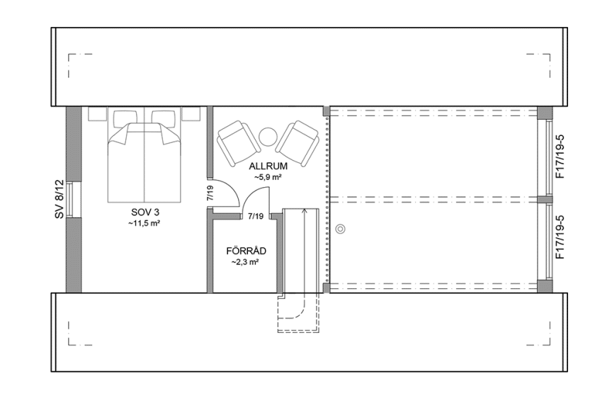 Planritning loftplan fritidshus med loft 70 kvm Agö 40-68 spegelvänd