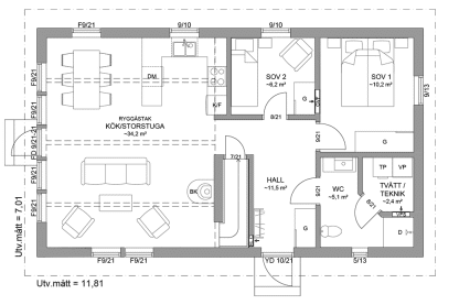 Planritning entreplan fritidshus med loft 90 kvm Agö 40-83