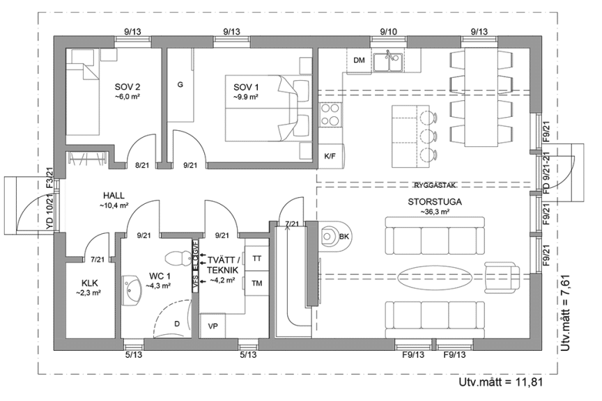 Planritning entreplan fritidshus med loft 102 kvm Agö 40-90 spegelvänd