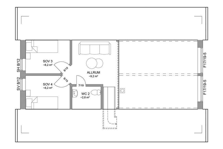 Planritning loftplan fritidshus med loft 102 kvm Agö 40-90 spegelvänd