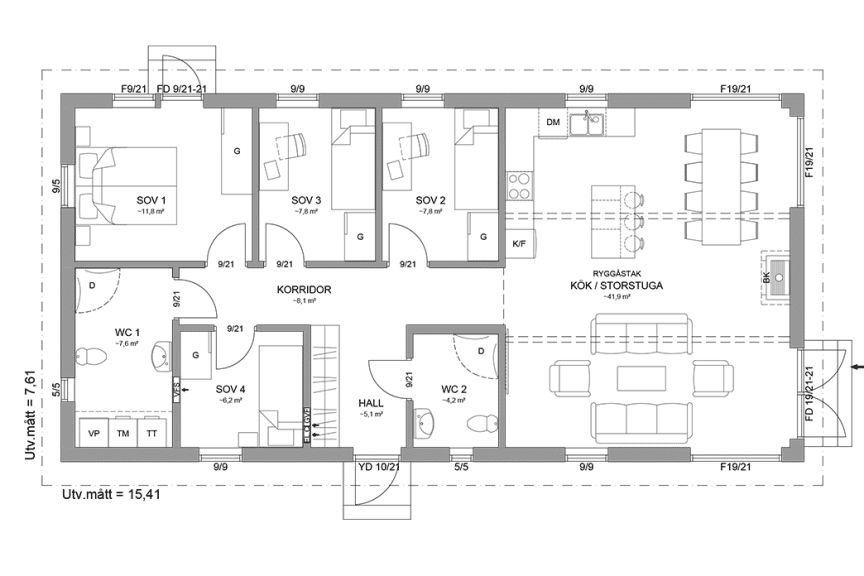 Planritning fritidshus enplanshus 105 kvm Alster 23-117 spegelvänd