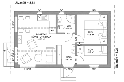 Planritning fritidshus enplanshus 39 kvm Alster 23-46