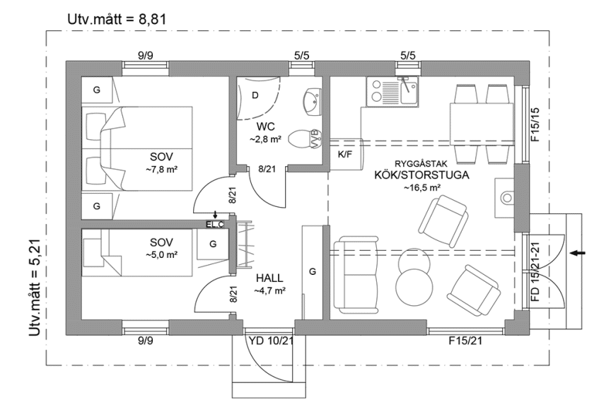 Planritning fritidshus enplanshus 39 kvm Alster 23-46 spegelvänd