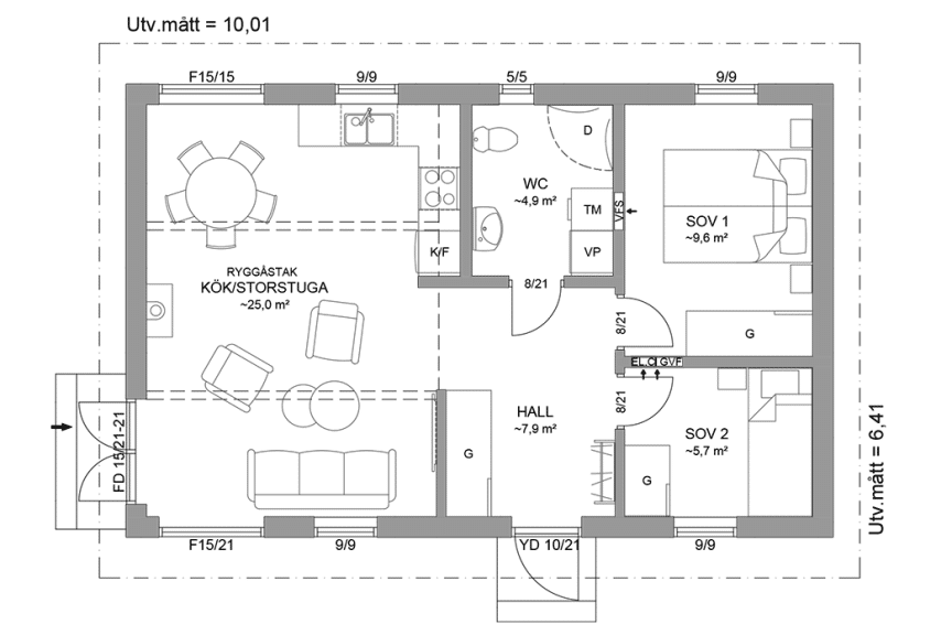 Planritning fritidshus enplanshus 56 kvm Alster 23-64