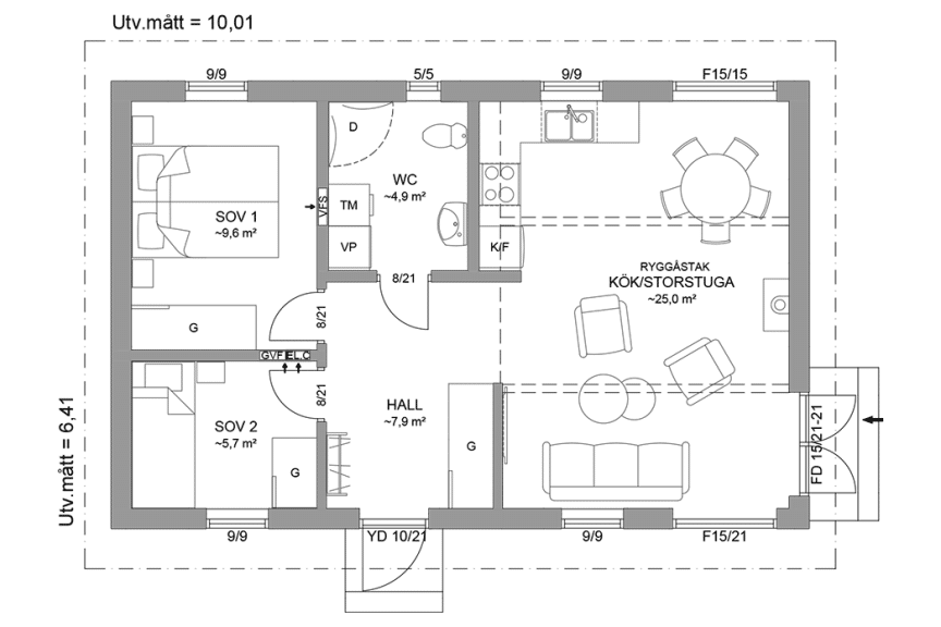 Planritning fritidshus enplanshus 56 kvm Alster 23-64 spegelvänd