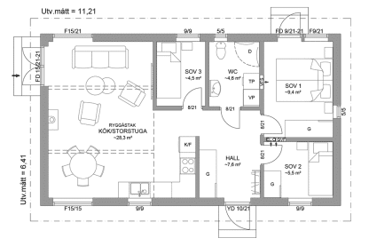 Planritning fritidshus enplanshus 63 kvm Alster 23-72