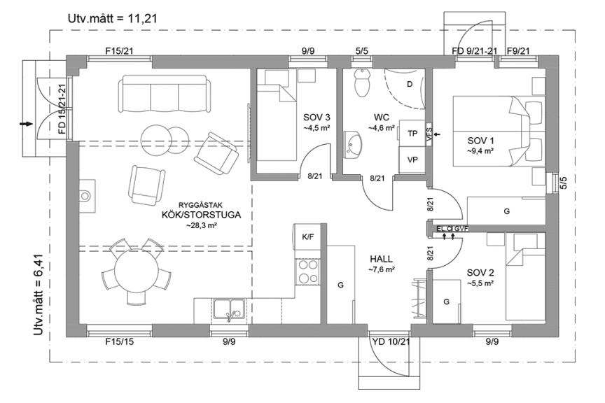 Planritning fritidshus enplanshus 63 kvm Alster 23-72