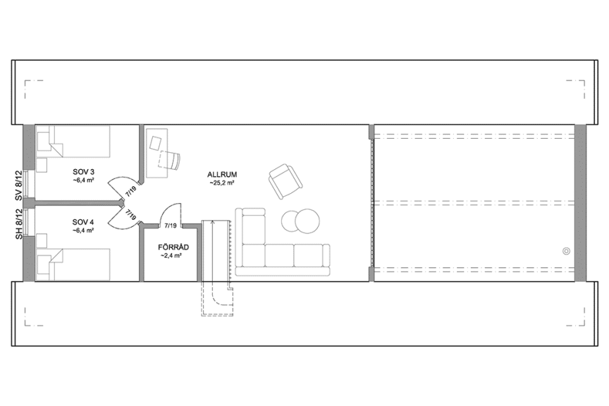 Planritning loftplan Alster 35-112 FHV, lofthus 128 kvm spegelvänd