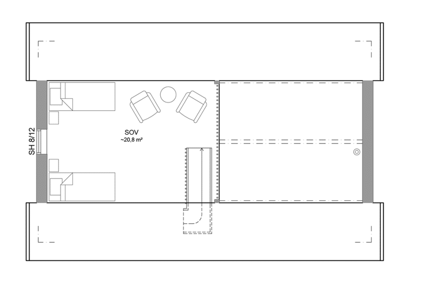 Planritning loftplan fritidshus med loft 72 kvm Alster 35-68 FHV spegelvänd