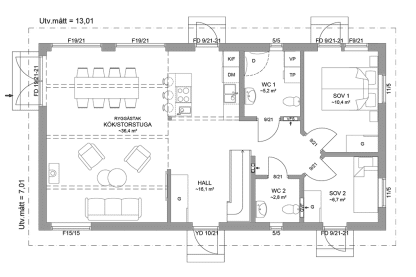 Planritning entreplan fritidshus med loft 104 kvm Alster 35-91 FHV