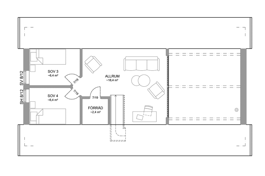 Planritning loftplan fritidshus med loft 104 kvm Alster 35-91 FHV spegelvänd
