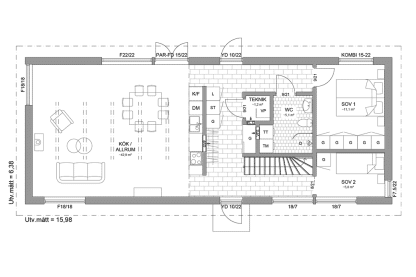 Planritning entreplan fritidshus med loft 116 kvm Alster 45-102 FHV