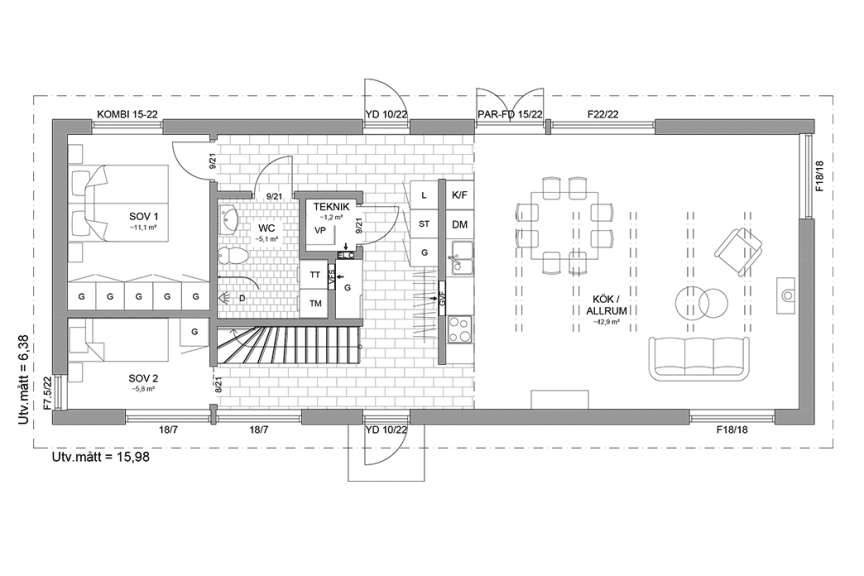 Planritning entreplan fritidshus med loft 116 kvm Alster 45-102 FHV spegelvänd