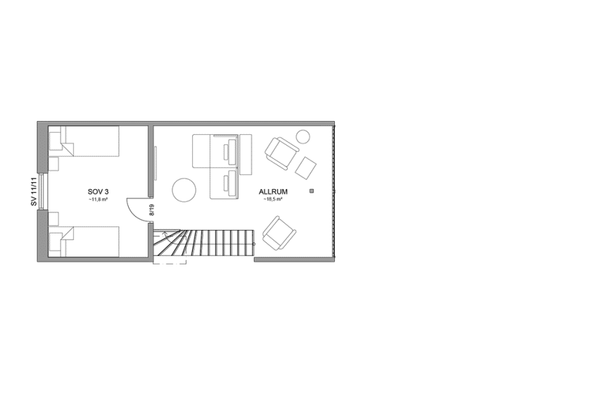 Planritning loftplan fritidshus med loft 116 kvm Alster 45-102 FHV spegelvänd
