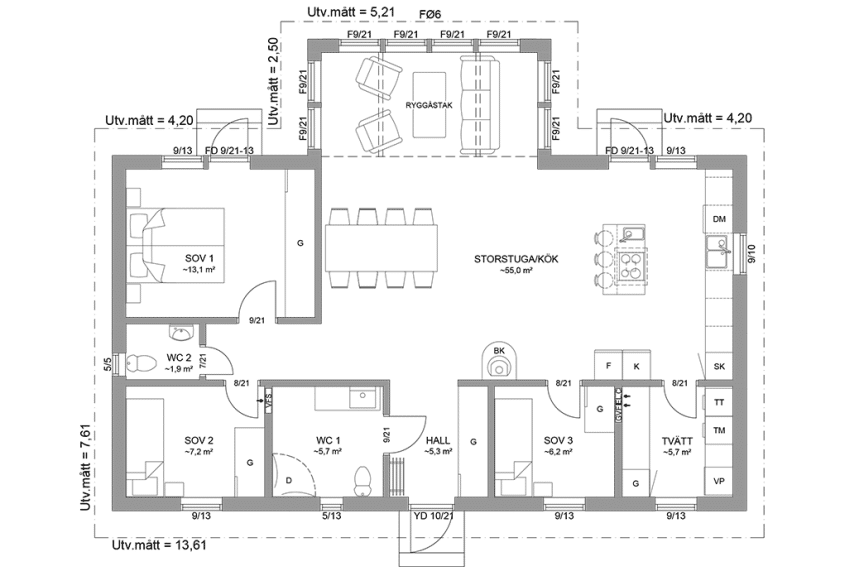 Planritning fritidshus enplanshus vinkelhus 104 kvm Ängnö 23-117