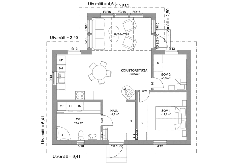 Planritning fritidshus enplanshus vinkelhus 62 kvm Ängnö 23-72 spegelvänd