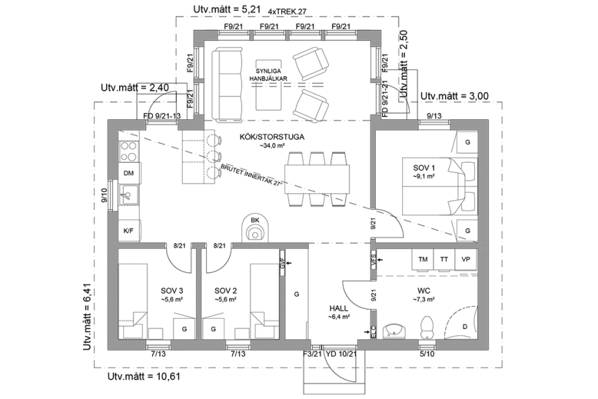 Planritning fritidshus enplanshus vinkelhus 71 kvm Ängnö 27-81 spegelvänd